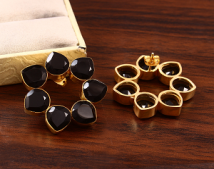 Black Onyx Brass Flower Earrings