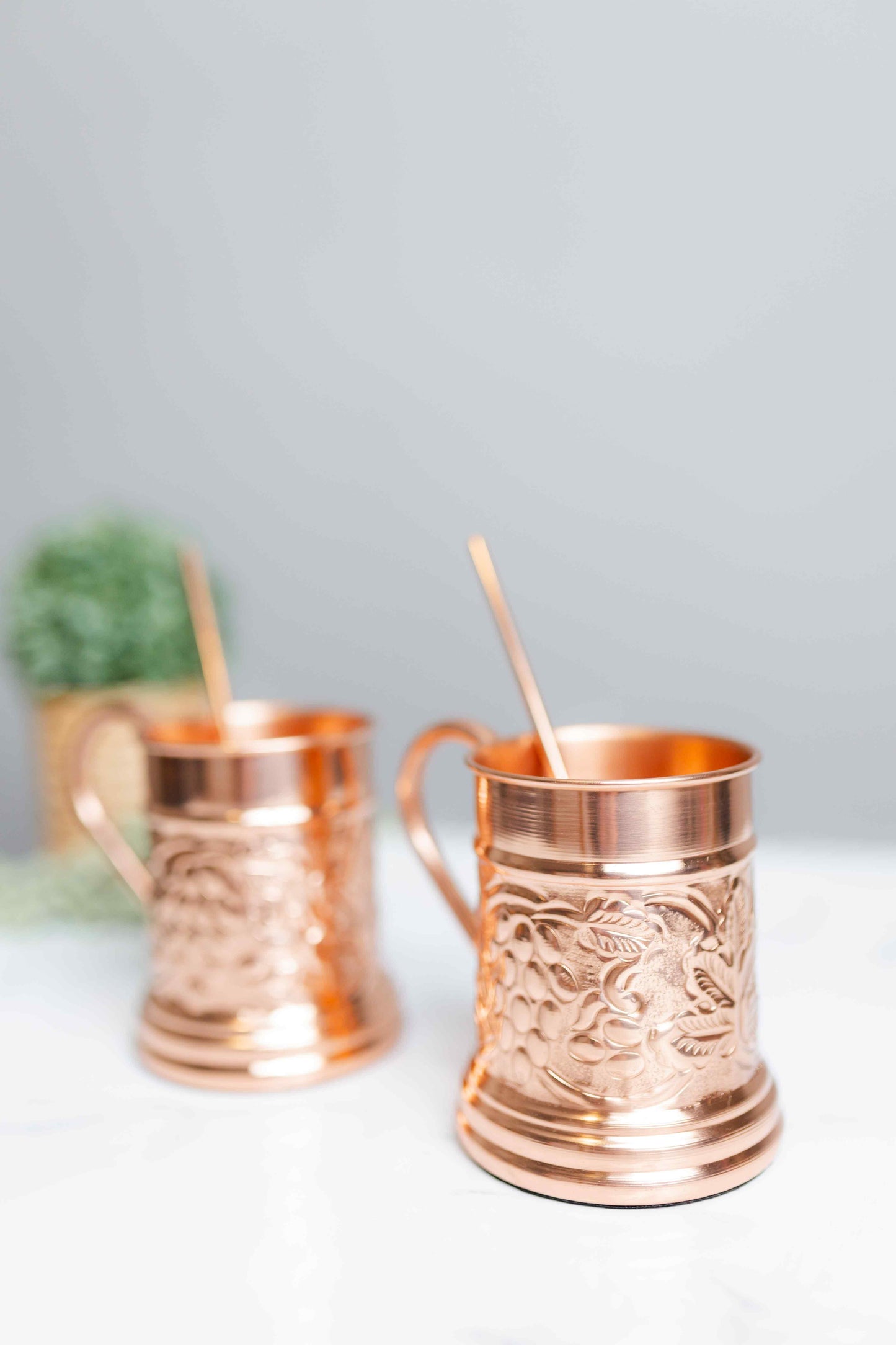 Embossed Copper Mule Mug - 500ml (Set of 2) with 2 Copper Straws - copperdirect