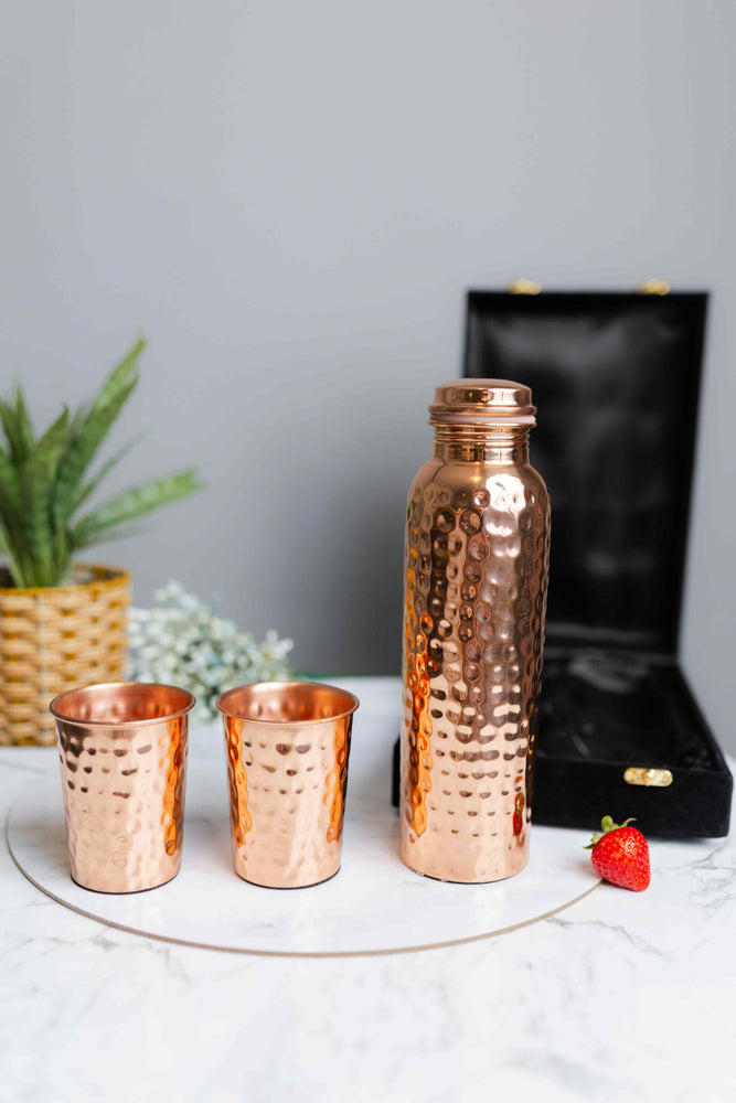 Hammered Pure Copper Water Bottle / Tumblers - Gift Set - copperdirect